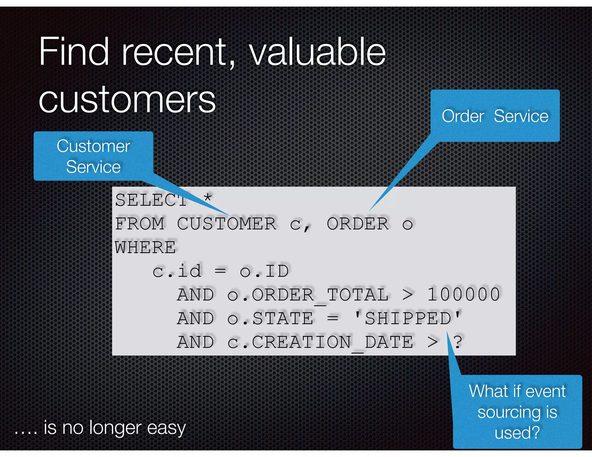 @crichardson
Find recent, valuable
customers
SELECT *
FROM CUSTOMER c, ORDER o
WHERE
c.id = o.ID
AND o.ORDER_TOTAL > 100000
AND o.STATE = 'SHIPPED'
AND c.CREATION_DATE > ?
Customer
Service
Order Service
What if event
sourcing is
used?…. is no longer easy
 