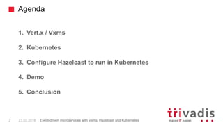 Agenda
2 23.02.2018
1. Vert.x / Vxms
2. Kubernetes
3. Configure Hazelcast to run in Kubernetes
4. Demo
5. Conclusion
Event-driven microservices with Vxms, Hazelcast and Kubernetes
 
