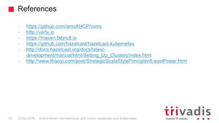 References
25 23.02.2018 Event-driven microservices with Vxms, Hazelcast and Kubernetes
- https://github.com/amoAHCP/vxms
- http://vertx.io
- https://maven.fabric8.io
- https://github.com/hazelcast/hazelcast-kubernetes
- http://docs.hazelcast.org/docs/latest-
development/manual/html/Setting_Up_Clusters/index.html
- http://www.lihaoyi.com/post/StrategicScalaStylePrincipleofLeastPower.html
 