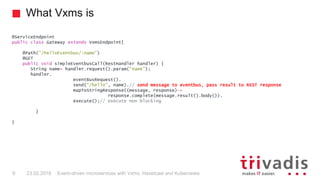 What Vxms is
Event-driven microservices with Vxms, Hazelcast and Kubernetes9 23.02.2018
@ServiceEndpoint
public class Gateway extends VxmsEndpoint{
@Path("/helloEventbus/:name")
@GET
public void simpleEventbusCall(RestHandler handler) {
String name= handler.request().param("name");
handler.
eventBusRequest().
send("/hello", name).// send message to eventbus, pass result to REST response
mapToStringResponse((message, response)->
response.complete(message.result().body()).
execute();// execute non blocking
}
}
 