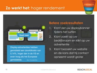 10 Copyright 2015, ReachLocal
ReachDisplay laat de
klant een advertentie
zien, op basis van
zijn locatie of gedrag
Klant
ziet uw banner
Krijgt een indruk
van uw merk,
wat de kans op
een bezoek aan
uw website
vergroot
Klant surft op
internet en ziet
allerlei
advertenties
Zo werkt het: hoger rendement
Betere zoekresultaten
1. Klant ziet uw displaybanner
tijdens het surfen
2. Klant zoekt op uw
bedrijfsnaam en klikt op uw
advertentie
3. Klant bezoekt uw website
en de kans dat hij contact
opneemt wordt groter
Display-advertenties hebben
gemiddeld een doorklikratio van
0,14%, hoger dan in de VS en
even hoog als het Europese
gemiddelde. Bron: DoubleClick
1 2
Uw bedrijf
Gaat naar
 