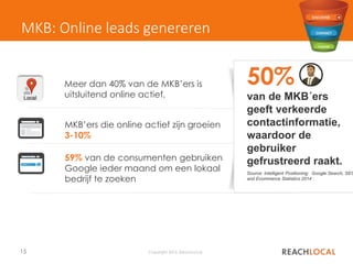 15 Copyright 2015, ReachLocal
Meer dan 40% van de MKB’ers is
uitsluitend online actief.
59% van de consumenten gebruiken
Google ieder maand om een lokaal
bedrijf te zoeken
MKB’ers die online actief zijn groeien
3-10%
MKB: Online leads genereren
50%
van de MKB´ers
geeft verkeerde
contactinformatie,
waardoor de
gebruiker
gefrustreerd raakt.
Source: Intelligent Positioning: Google Search, SEO
and Ecommerce Statistics 2014
 