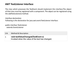 AWT TextListener Interface
The class which processes the TextEvent should implement this interface.The object
of that class must be registered with a component. The object can be registered using
the addTextListener() method.
Interface declaration
Following is the declaration for java.awt.event.TextListener interface:
public interface TextListener
extends EventListener
S.N. Method & Description
1 void textValueChanged(TextEvent e)
Invoked when the value of the text has changed.
 