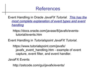 References
Event Handling in Oracle JavaFX Tutorial. This has the
most complete explanation of event types and event
handling
https://docs.oracle.com/javase/8/javafx/events-
tutorial/events.htm
Event Handling in Tutorialspoint JavaFX Tutorial.
https://www.tutorialspoint.com/javafx/
javafx_event_handling.htm - example of event
capture, event filter, and event handler.
JavaFX Events
http://zetcode.com/gui/javafx/events/
 