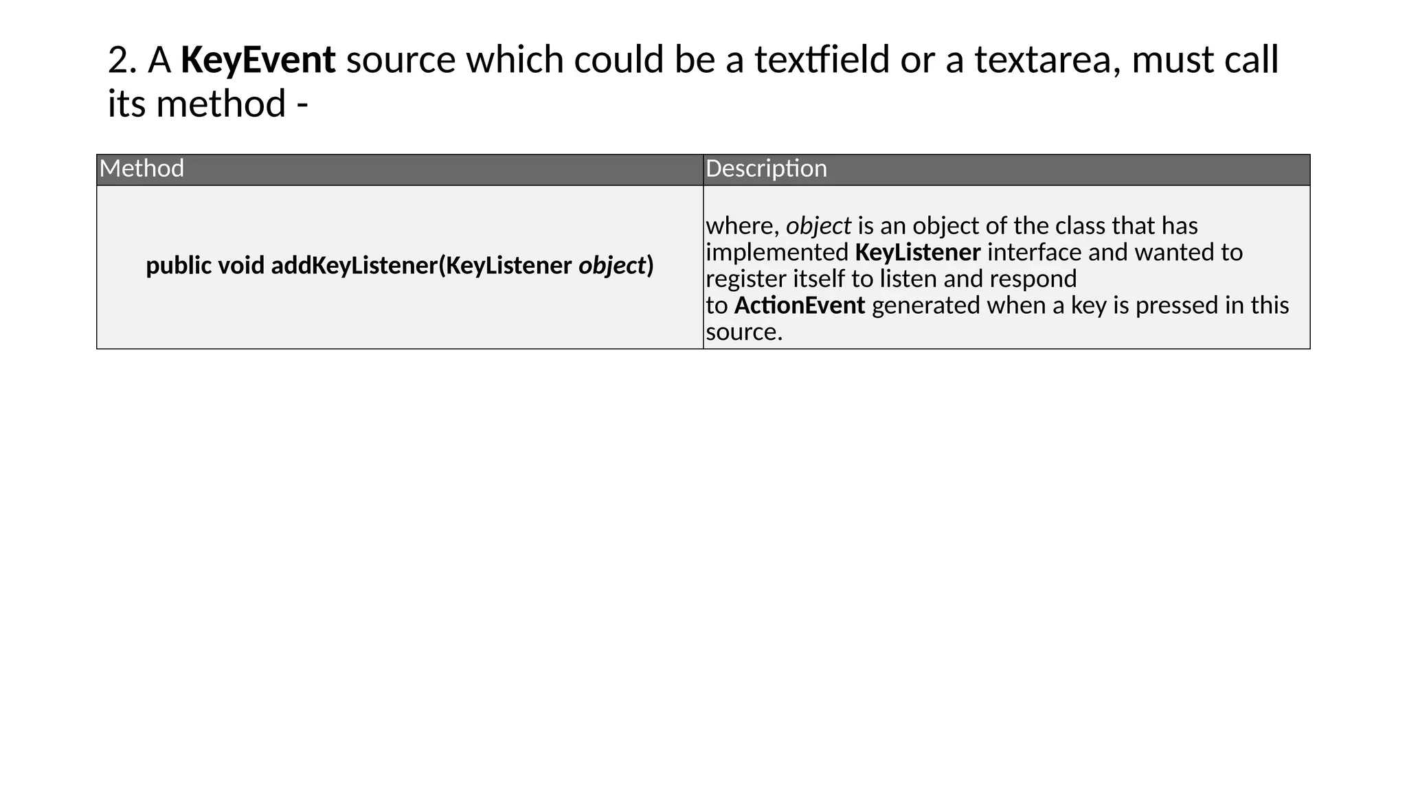 2. A KeyEvent source which could be a textfield or a textarea, must call
its method -
Method Description
public void addKeyListener(KeyListener object)
where, object is an object of the class that has
implemented KeyListener interface and wanted to
register itself to listen and respond
to ActionEvent generated when a key is pressed in this
source.
 