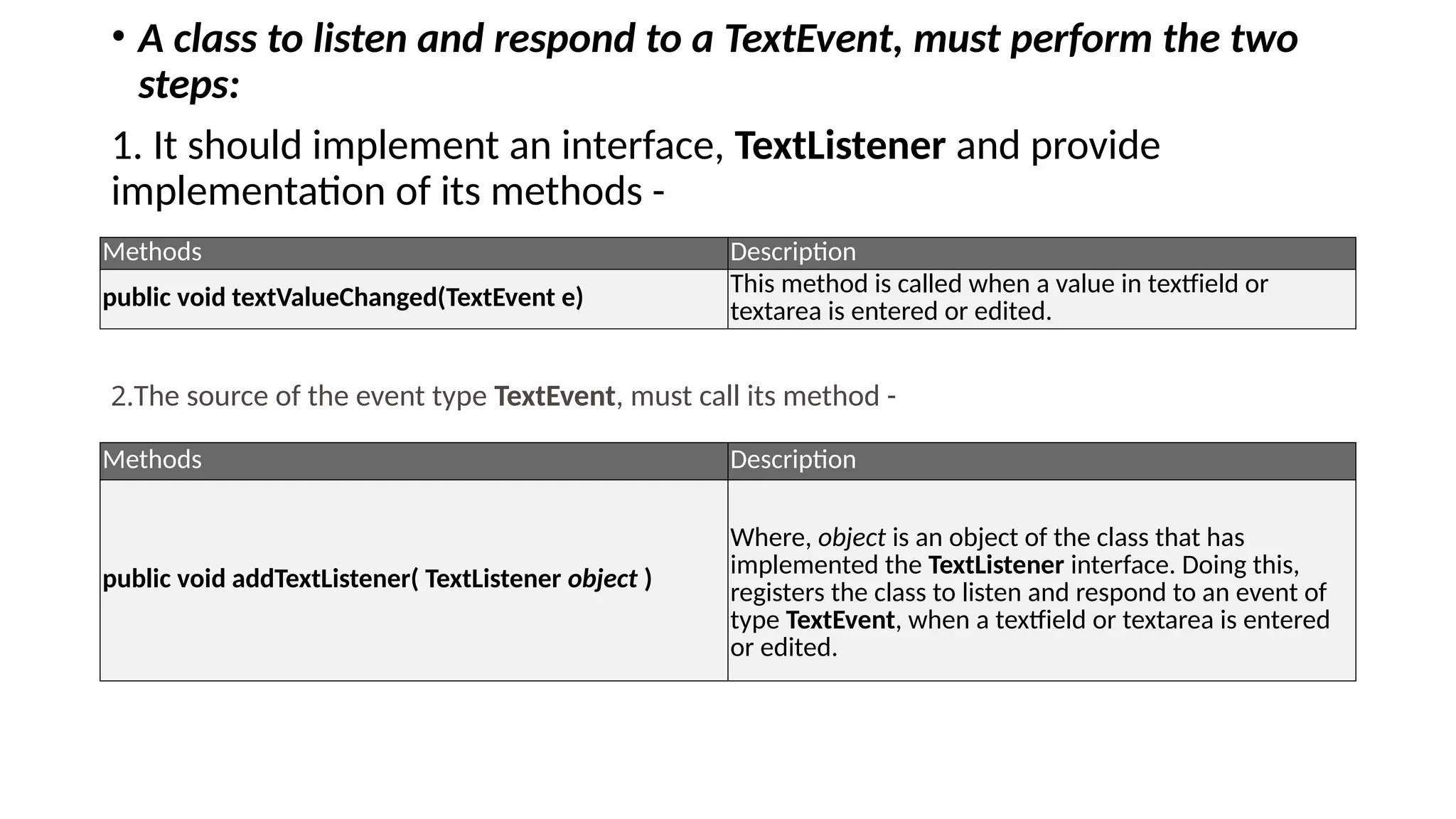 • A class to listen and respond to a TextEvent, must perform the two
steps:
1. It should implement an interface, TextListener and provide
implementation of its methods -
Methods Description
public void textValueChanged(TextEvent e)
This method is called when a value in textfield or
textarea is entered or edited.
2.The source of the event type TextEvent, must call its method -
Methods Description
public void addTextListener( TextListener object )
Where, object is an object of the class that has
implemented the TextListener interface. Doing this,
registers the class to listen and respond to an event of
type TextEvent, when a textfield or textarea is entered
or edited.
 