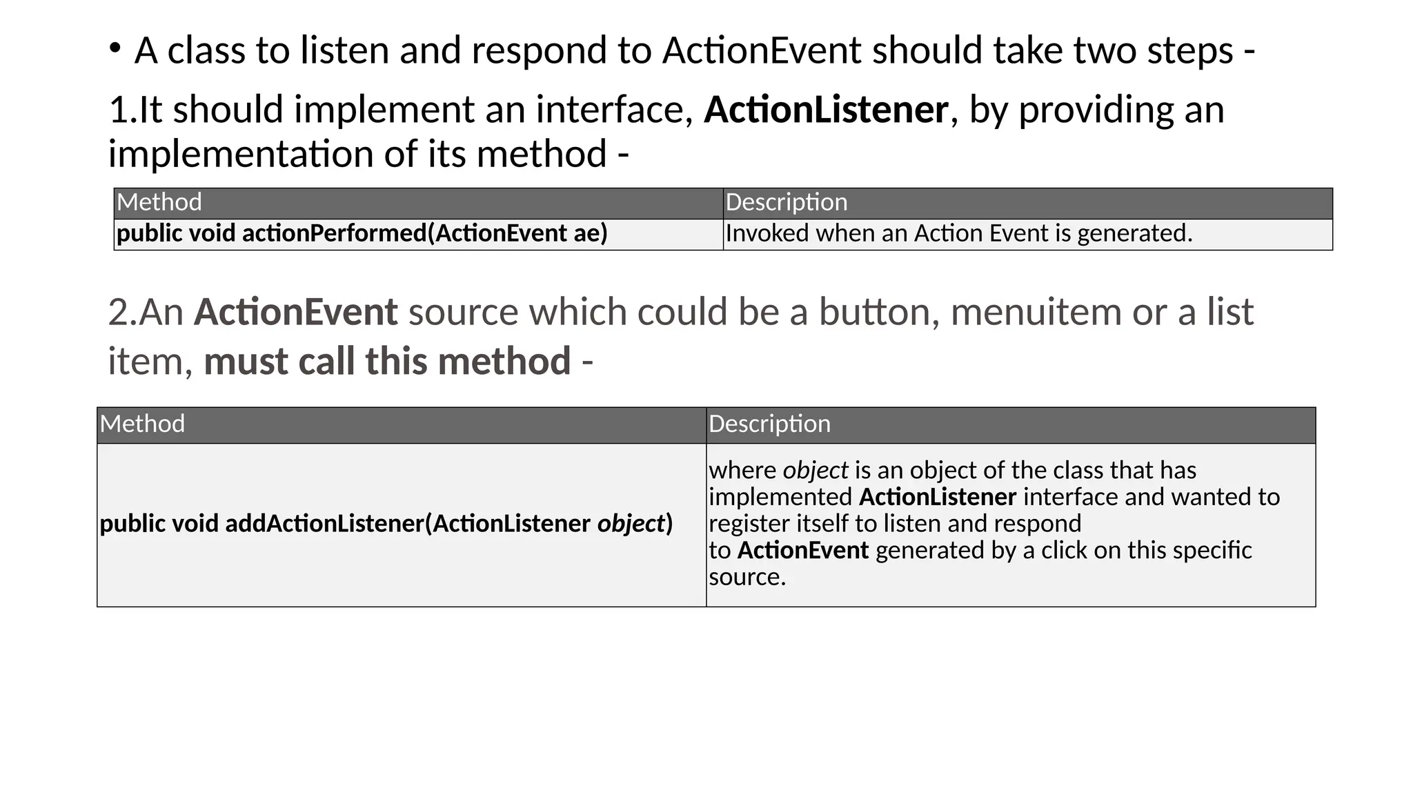 • A class to listen and respond to ActionEvent should take two steps -
1.It should implement an interface, ActionListener, by providing an
implementation of its method -
Method Description
public void actionPerformed(ActionEvent ae) Invoked when an Action Event is generated.
2.An ActionEvent source which could be a button, menuitem or a list
item, must call this method -
Method Description
public void addActionListener(ActionListener object)
where object is an object of the class that has
implemented ActionListener interface and wanted to
register itself to listen and respond
to ActionEvent generated by a click on this specific
source.
 