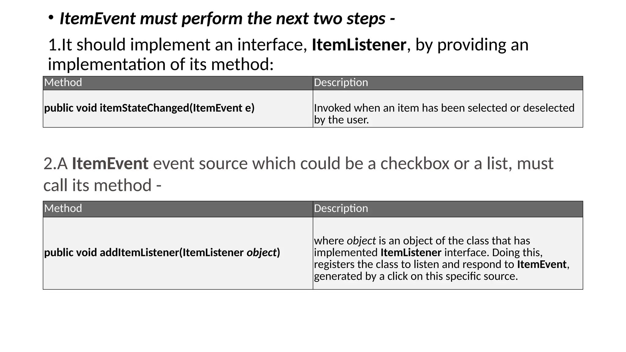 • ItemEvent must perform the next two steps -
1.It should implement an interface, ItemListener, by providing an
implementation of its method:
Method Description
public void itemStateChanged(ItemEvent e) Invoked when an item has been selected or deselected
by the user.
2.A ItemEvent event source which could be a checkbox or a list, must
call its method -
Method Description
public void addItemListener(ItemListener object)
where object is an object of the class that has
implemented ItemListener interface. Doing this,
registers the class to listen and respond to ItemEvent,
generated by a click on this specific source.
 