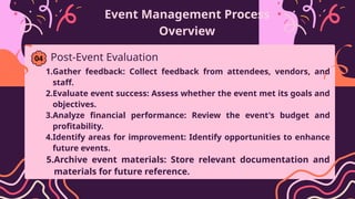 Event Management Process
Overview
1.Gather feedback: Collect feedback from attendees, vendors, and
staff.
2.Evaluate event success: Assess whether the event met its goals and
objectives.
3.Analyze financial performance: Review the event's budget and
profitability.
4.Identify areas for improvement: Identify opportunities to enhance
future events.
5.Archive event materials: Store relevant documentation and
materials for future reference.
Post-Event Evaluation
04
 