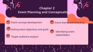 Chapter 2
Event Planning and Conceptualization
Event concept development
01
Setting event objectives and goals
02
Target audience analysis
03
Identifying event
stakeholders
05
Event theme and branding
04
 