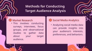 Methods for Conducting
Target Audience Analysis
Market Research
• This involves conducting
surveys, interviews, focus
groups, and observational
studies to gather data
about your target
audience.
Social Media Analytics
• Analyzing social media data
can provide insights into
your audience's interests,
preferences, and behaviors.
 