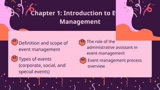 Chapter 1: Introduction to Event
Management
Definition and scope of
event management
01
Types of events
(corporate, social, and
special events)
02
03
04
The role of the
administrative assistant in
event management
Event management process
overview
 