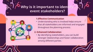 Why is it important to identify
event stakeholders?
1.Effective Communication
• Understanding who is involved helps ensure
that all stakeholders are informed and engaged
throughout the planning process.
2. Enhanced Collaboration
• By identifying stakeholders, you can build
stronger relationships and foster collaboration
among different parties.
 