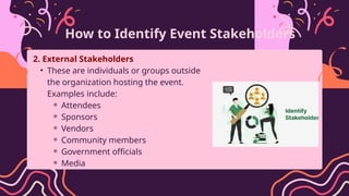 How to Identify Event Stakeholders
2. External Stakeholders
• These are individuals or groups outside
the organization hosting the event.
Examples include:
⚬ Attendees
⚬ Sponsors
⚬ Vendors
⚬ Community members
⚬ Government officials
⚬ Media
 