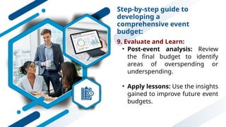 Step-by-step guide to
developing a
comprehensive event
budget:
9. Evaluate and Learn:
• Post-event analysis: Review
the final budget to identify
areas of overspending or
underspending.
• Apply lessons: Use the insights
gained to improve future event
budgets.
 