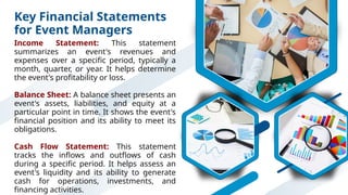 Key Financial Statements
for Event Managers
Income Statement: This statement
summarizes an event's revenues and
expenses over a specific period, typically a
month, quarter, or year. It helps determine
the event's profitability or loss.
Balance Sheet: A balance sheet presents an
event's assets, liabilities, and equity at a
particular point in time. It shows the event's
financial position and its ability to meet its
obligations.
Cash Flow Statement: This statement
tracks the inflows and outflows of cash
during a specific period. It helps assess an
event's liquidity and its ability to generate
cash for operations, investments, and
financing activities.
 