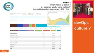Metrics :
Which metrics to collect ?
My customer ask for some metrics !?
Is possible to collect slow pages / SQL / Solr ?
devOps
culture ?
 