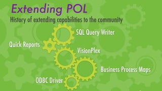 Extending POL
History of extending capabilities to the community
                             SQL Query Writer
Quick Reports
                             VisionPlex

                                          Business Process Maps
           ODBC Driver
 