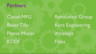 Partners

Cloud-MFG      Revolution Group
Baker Tilly    Kors Engineering
Plante Moran   Xtrategit
KDDI           Fides
 