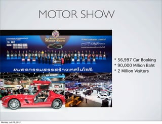 MOTOR SHOW


                                 * 56,997 Car Booking
                                 * 90,000 Million Baht
                                 * 2 Million Visitors




Monday, July 16, 2012
 