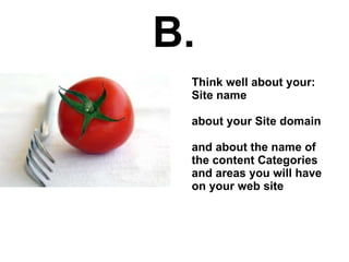 Think well about your: Site name about your Site domain and about the name of the content Categories and areas you will ha...