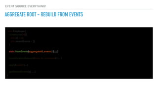 AGGREGATE ROOT - REBUILD FROM EVENTS
class Employee {
constructor(id) {
this.id = id;
this.recentEvents = [];
}
issueVacationRequest(from, to, comment) { … }
apply(event) {…}
getRecentEvents() { … }
}
static fromEvents(aggregateId, events) { … }
EVENT SOURCE EVERYTHING!
 
