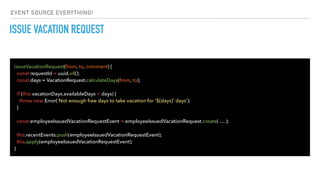 ISSUE VACATION REQUEST
issueVacationRequest(from, to, comment) {
const requestId = uuid.v4();
const days = VacationRequest.calculateDays(from, to);
if (this.vacationDays.availableDays < days) {
throw new Error(`Not enough free days to take vacation for '${days}' days`);
}
const employeeIssuedVacationRequestEvent = employeeIssuedVacationRequest.create( … );
this.recentEvents.push(employeeIssuedVacationRequestEvent);
this.apply(employeeIssuedVacationRequestEvent);
}
EVENT SOURCE EVERYTHING!
 