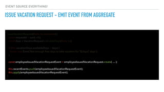 ISSUE VACATION REQUEST - EMIT EVENT FROM AGGREGATE
issueVacationRequest(from, to, comment) {
const requestId = uuid.v4();
const days = VacationRequest.calculateDays(from, to);
if (this.vacationDays.availableDays < days) {
throw new Error(`Not enough free days to take vacation for '${days}' days`);
}
}
const employeeIssuedVacationRequestEvent = employeeIssuedVacationRequest.create( … );
this.recentEvents.push(employeeIssuedVacationRequestEvent);
this.apply(employeeIssuedVacationRequestEvent);
EVENT SOURCE EVERYTHING!
 