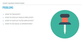 ▸ HOW TO PAGINATE?
▸ HOW TO DISPLAY SINGLE EMPLOYEE?
▸ HOW TO DISPLAY FILTER EMPLOYEES?
▸ HOW TO DO BASIC UI OPERATIONS?
EVENT SOURCE EVERYTHING!
PROBLEMS
 