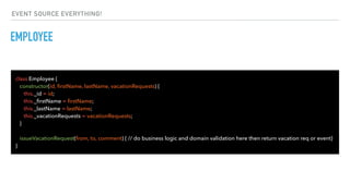 EMPLOYEE
class Employee {
constructor(id, ﬁrstName, lastName, vacationRequests) {
this._id = id;
this._ﬁrstName = ﬁrstName;
this._lastName = lastName;
this._vacationRequests = vacationRequests;
}
issueVacationRequest(from, to, comment) { // do business logic and domain validation here then return vacation req or event}
}
EVENT SOURCE EVERYTHING!
 