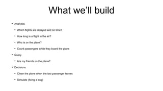 What we’ll build
• Analytics
• Which flights are delayed and on time?
• How long is a flight in the air?
• Who is on the plane?
• Count passengers while they board the plane
• Query
• Are my friends on the plane?
• Decisions
• Clean the plane when the last passenger leaves
• Simulate (fixing a bug)
 
