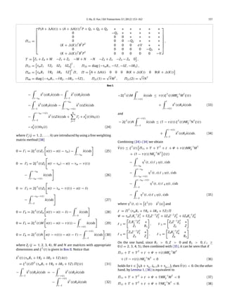 S. Hu, D. Yue / ISA Transactions 51 (2012) 153–162 157
Π11 =








P(A + A(t)) + (A + A(t))T
P + Q1 + Q2 + Q3 ∗ ∗ ∗ ∗ ∗ ∗
0 −Q1 ∗ ∗ ∗ ∗ ∗
0 0 0 ∗ ∗ ∗ ∗
0 0 0 −Q2 ∗ ∗ ∗
(K + ∆(K))T
BT
PT
0 0 0 σV ∗ ∗
0 0 0 0 0 −Q3 ∗
(K + ∆(K))T
BT
PT
0 0 0 0 0 −V








,
Υ =

Z1 + Z4 + M −Z1 + Z2 −M + N −N −Z2 + Z3 −Z3 − Z4 0

,
Π31 =

τmZ1 ¯τZ2 δZ3 δZ4
T
, Π33 = diag {−τmR1, −¯τZ, −δZ, −δR3} ,
Π41 =

τmR1 ¯τR2 δR3 ¯τZ
T
Π, Π =

A + A(t) 0 0 0 B(K + ∆(K)) 0 B(K + ∆(K))

Π44 = diag {−τmR1, −¯τR2, −δR3, −¯τZ} , Π21(1) =
√
¯τMT
, Π21(2) =
√
¯τNT
Box I.
−
∫ t
t−τm
˙xT
(s)R1 ˙x(s)ds −
∫ t
t−¯τ
˙xT
(s)R2 ˙x(s)ds
−
∫ t
t−δ
˙xT
(s)R3 ˙x(s)ds −
∫ t−τm
t−τm−τ(t)
˙xT
(s)Z ˙x(s)ds
−
∫ t−τm−τ(t)
t−δ
˙xT
(s)Z ˙x(s)ds +
6−
j=1
Γj + eT
k (t)Vek(t)
− eT
k (t)Vek(t) (24)
where Γj (j = 1, 2, . . . , 6) are introduced by using a free weighting
matrix method [38]
0 = Γ1 = 2ξT
(t)Z1
[
x(t) − x(t − τm) −
∫ t
t−τm
˙x(s)ds
]
(25)
0 = Γ2 = 2ξT
(t)Z2

x(t − τm) − x(t − τm − τ(t))
−
∫ t−τm
t−τm−τ(t)
˙x(s)ds

(26)
0 = Γ3 = 2ξT
(t)Z3

x(t − τm − τ(t)) − x(t − δ)
−
∫ t−τm−τ(t)
t−δ
˙x(s)ds

(27)
0 = Γ4 = 2ξT
(t)Z4
[
x(t) − x(t − δ) −
∫ t
t−δ
˙x(s)ds
]
(28)
0 = Γ5 = 2ξT
(t)M
[
x(t) − x(t − τ(t)) −
∫ t
t−τ(t)
˙x(s)ds
]
(29)
0 = Γ6 = 2ξT
(t)N
[
x(t − τ(t)) − x(t − ¯τ) −
∫ t−τ(t)
t−¯τ
˙x(s)ds
]
(30)
where Zj (j = 1, 2, 3, 4), M and N are matrices with appropriate
dimensions and ξT
(t) is given in Box II. Notice that
˙xT
(t) (τmR1 + ¯τR2 + δR3 + ¯τZ) ˙x(t)
= ξT
(t)ΠT
(τmR1 + ¯τR2 + δR3 + ¯τZ) Πξ(t) (31)
−
∫ t
t−¯τ
˙xT
(s)R2 ˙x(s)ds = −
∫ t
t−τ(t)
˙xT
(s)R2 ˙x(s)ds
−
∫ t−τ(t)
t−¯τ
˙xT
(s)R2 ˙x(s)ds (32)
−2ξT
(t)M
∫ t
t−τ(t)
˙x(s)ds ≤ τ(t)ξT
(t)MR−1
2 MT
ξ(t)
+
∫ t
t−τ(t)
˙xT
(s)R2 ˙x(s)ds (33)
and
− 2ξT
(t)N
∫ t−τ(t)
t−¯τ
˙x(s)ds ≤ (¯τ − τ(t)) ξT
(t)NR−1
2 NT
ξ(t)
+
∫ t−τ(t)
t−¯τ
˙xT
(s)R2 ˙x(s)ds. (34)
Combining (24)–(34) we obtain
˙V(t) ≤ ξT
(t)

Π11 + Υ + Υ T
+ + Ψ + τ(t)MR−1
2 MT
+ (¯τ − τ(t)) NR−1
2 NT

ξ(t)
−
∫ t
t−τm
ηT
(t, s) 2 η(t, s)ds
−
∫ t−τm
t−τm−τ(t)
ηT
(t, s) 3 η(t, s)ds
−
∫ t−τm−τ(t)
t−δ
ηT
(t, s) 4 η(t, s)ds
−
∫ t
t−δ
ηT
(t, s) 5 η(t, s)ds (35)
where ηT
(t, s) =

ξT
(t) ˙xT
(s)

and
= ΠT
(τmR1 + ¯τR2 + δR3 + ¯τZ) Π
Ψ = τmZ1R−1
1 ZT
1 + ¯τZ2Z−1
ZT
2 + δZ3Z−1
ZT
3 + δZ4R−1
3 ZT
4
2 =
[
Z1R−1
1 ZT
1 ∗
Z1 R1
]
, 3 =
[
Z2Z−1
ZT
2 ∗
Z2 Z
]
4 =
[
Z3Z−1
ZT
3 ∗
Z3 Z
]
, 5 =
[
Z4R−1
3 ZT
4 ∗
Z4 R3
]
.
On the one hand, since R1 > 0, Z > 0 and R3 > 0, l ≥
0 (l = 2, 3, 4, 5), then combined with (35), it can be seen that if
Π11 + Υ + Υ T
+ + Ψ + τ(t)MR−1
2 MT
+ (¯τ − τ(t)) NR−1
2 NT
< 0 (36)
holds for t ∈

ikh + τik
, ik+1h + τik+1

, then ˙V(t) < 0. On the other
hand, by Lemma 1, (36) is equivalent to
Π11 + Υ + Υ T
+ + Ψ + ¯τMR−1
2 MT
< 0 (37)
Π11 + Υ + Υ T
+ + Ψ + ¯τNR−1
2 NT
< 0. (38)
 