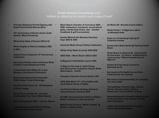 Event Visions Consulting, LLC.“brilliant at reflecting the world’s own image of itself”Princess Stephanie Portrait Signing with Royal Portrait Artist Marcos Marin 10th Anniversary of Screen Actors Guild Awards -Miami ScreeningWhite Party Week of Events 2002 & 03White Knights w/ Dolce & Gabbana 2002 & 2003Ocean Drive en Espanol’s 5th Anniversary CelebrationEarl Jeans Fashion show w/ Romero Britto Exhibit & Touch Restaurant PartyLincoln Road Arts Walks (5) ( 2 year Member of the Board of Directors)Miami International Film Festival 02’ (Café Design +Food & Beverage)GenArt’s Fresh Faces o6’ –VIP Reception at Suite LoungeSun & Fun by the Sea 05’ -(received proclamation from City of Miami Beach)MTV’s Spring Break 2000 – Cancun, MexicoGrand Opening of NAPAPIJRI Clothing on Lincoln Road, Miami BeachMiami Beach Chamber of Commerce 2004-2006 -networkers, luncheons, annual dinner galas, membership drives, new   member breakfasts & golf tournamentsGreater Miami & the Beaches Business Expo 2004 & 2005Americas Media Group Holiday CelebrationWinter Party Week of events 2002-2006AIDS Walk – Miami Beach 2002 & 2003& Magazine’s Worldwide Launch 2006A Night on the road w/ Julian Chang kick-off event for Funkshion Fashion Week Miami Beach - Fall 05’ Orangina’s Summer Concert Series 1997AIDS Walk Miami ’07 -3 Pep Rallies with South Beach Group of HotelsJuneFest Caribbean Heritage festival at Vizcaya Museum Gardens 2006ECOMB -Environmental Coalition of Miami Beach fundraisers, clean-up eventsMACK Power Group’s “MACK at Night” @ Maxine - Catalina HotelArt Miami 06’ -Ninoska Huerta GalleryWinter Party’s “A Night the Ladies”at Whitelaw HotelDiane von Furstenberg’s Spring 04’ Collection Preview Sunset and a Movie Series @ Flamingo South BeachWinter Music Conference 03’ -8 Events with the final event “ Au Revoir” at BillboardLive chosen as the “Official Farewell Event of WMC 03’”Kristine W & Hex Hector Concert at BillboardLive 03’Sao Camilo & FIU Health Ins. and Plans Conference for Intl. DoctorsBill Clinton’s Presidential Rally for candidate John Kerry 2005The weddings of David & Page, Claire & Dennis, Paola & Charles, Kristin & Atzmon and “Cha Cha Reble” & DorisVanderbilt Mansion’s Benefit & Silent Auction for the education of the children of Fisher Island EmployeesVisions Global Showcase for Funkshion Fashion Week Miami Beach