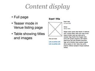 Content display
• Full page
• Teaser mode in
 Venue listing page
• Table showing titles
 and images
 
