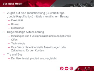 • Zugriff auf eine Dienstleistung (Buchhaltungs-
, Logistikapplikation) mittels monatlichem Betrag
– Flexibilität
– Kosten
– Einfachheit
• Regelmässige Aktualisierung
– Hinzufügen von Funktionalitäten und Automatismen
– Offen
– Technologie
– Das Ganze ohne finanzielle Auswirkungen oder
Zeitaufwand für den Kunden
• Try and Buy
– Der User testet, probiert aus, vergleicht
Business Model
 
