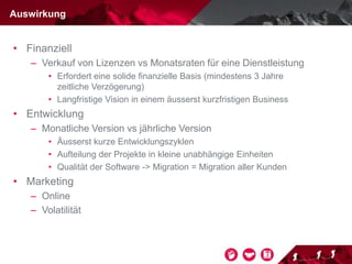 • Finanziell
– Verkauf von Lizenzen vs Monatsraten für eine Dienstleistung
• Erfordert eine solide finanzielle Basis (mindestens 3 Jahre
zeitliche Verzögerung)
• Langfristige Vision in einem äusserst kurzfristigen Business
• Entwicklung
– Monatliche Version vs jährliche Version
• Äusserst kurze Entwicklungszyklen
• Aufteilung der Projekte in kleine unabhängige Einheiten
• Qualität der Software -> Migration = Migration aller Kunden
• Marketing
– Online
– Volatilität
Auswirkung
 