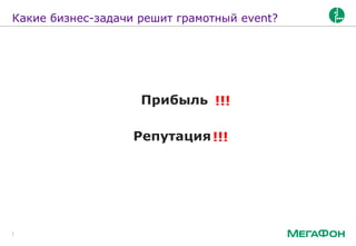 Какие бизнес-задачи решит грамотный event?
Прибыль
Репутация
!!!
!!!
 