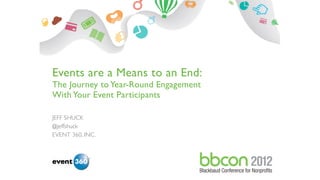 Events are a Means to an End:
The Journey to Year-Round Engagement
With Your Event Participants

JEFF SHUCK
@jeffshuck
EVENT 360, INC.
 