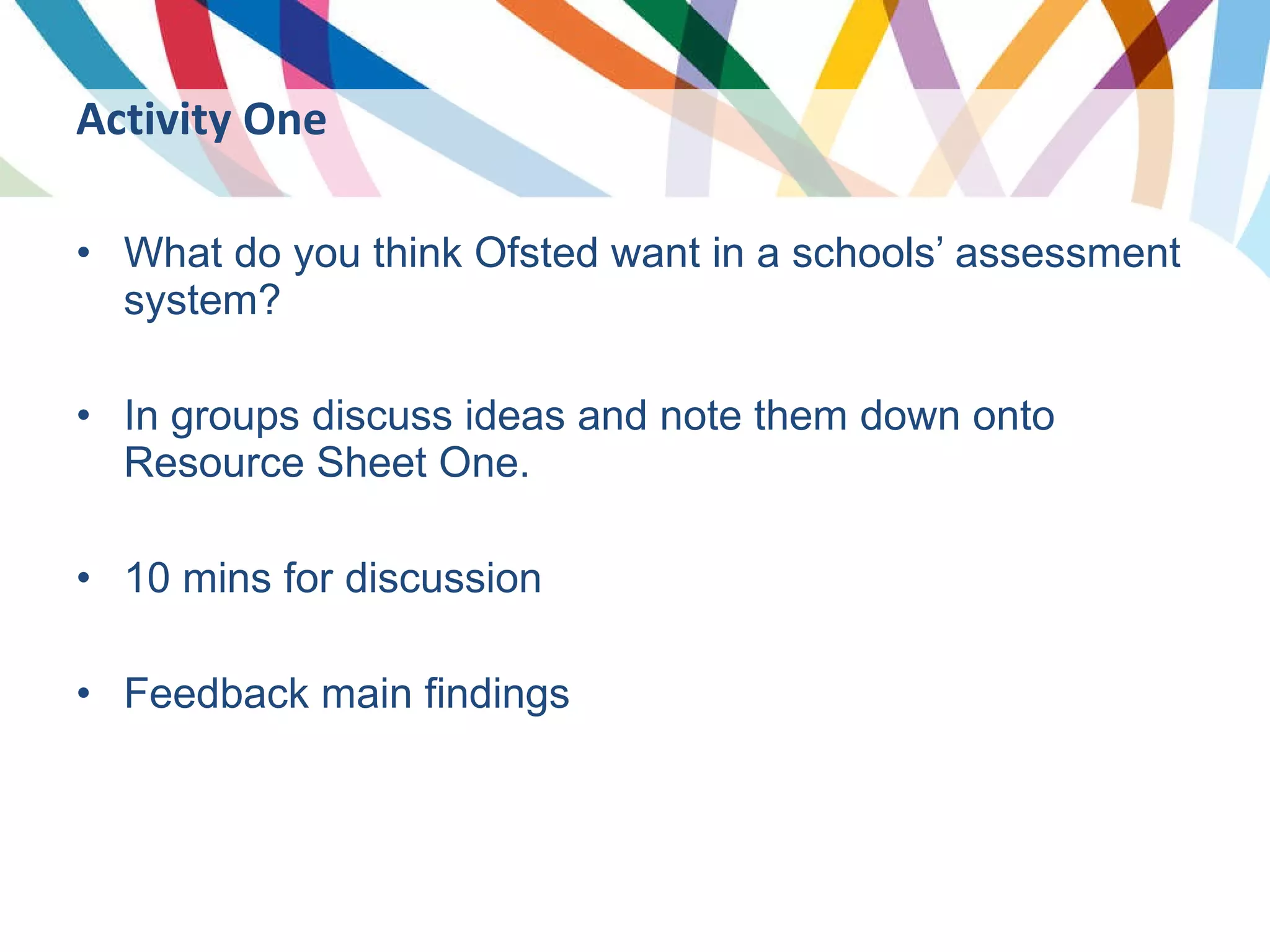 What do you think Ofsted want in a schools’ assessment system? In groups discuss ideas and note them down onto Resource Sheet One. 10 mins for discussion  Feedback main findings Activity One 