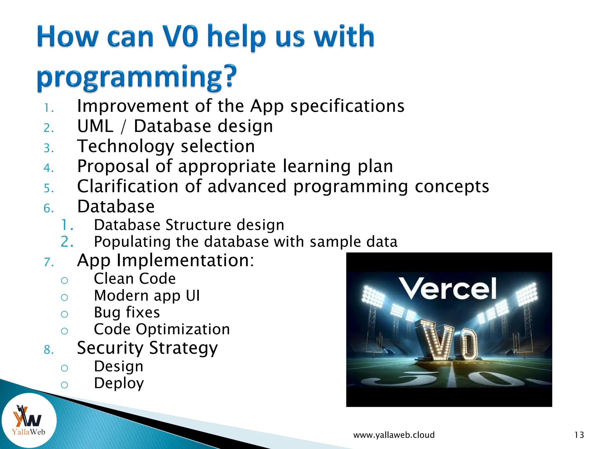 1. Improvement of the App specifications
2. UML / Database design
3. Technology selection
4. Proposal of appropriate learning plan
5. Clarification of advanced programming concepts
6. Database
1. Database Structure design
2. Populating the database with sample data
7. App Implementation:
o Clean Code
o Modern app UI
o Bug fixes
o Code Optimization
8. Security Strategy
o Design
o Deploy
www.yallaweb.cloud 13
 