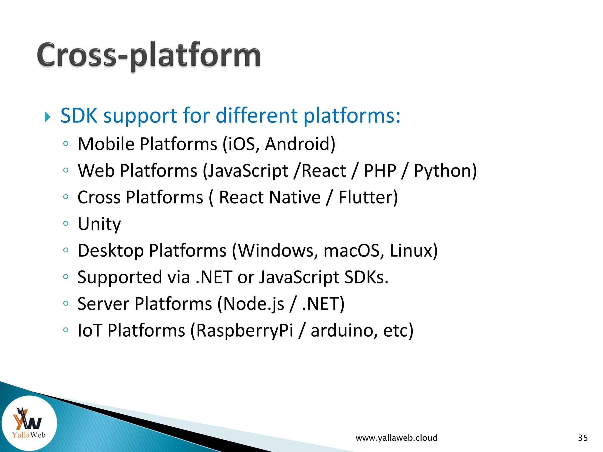  SDK support for different platforms:
◦ Mobile Platforms (iOS, Android)
◦ Web Platforms (JavaScript /React / PHP / Python)
◦ Cross Platforms ( React Native / Flutter)
◦ Unity
◦ Desktop Platforms (Windows, macOS, Linux)
◦ Supported via .NET or JavaScript SDKs.
◦ Server Platforms (Node.js / .NET)
◦ IoT Platforms (RaspberryPi / arduino, etc)
www.yallaweb.cloud 35
 