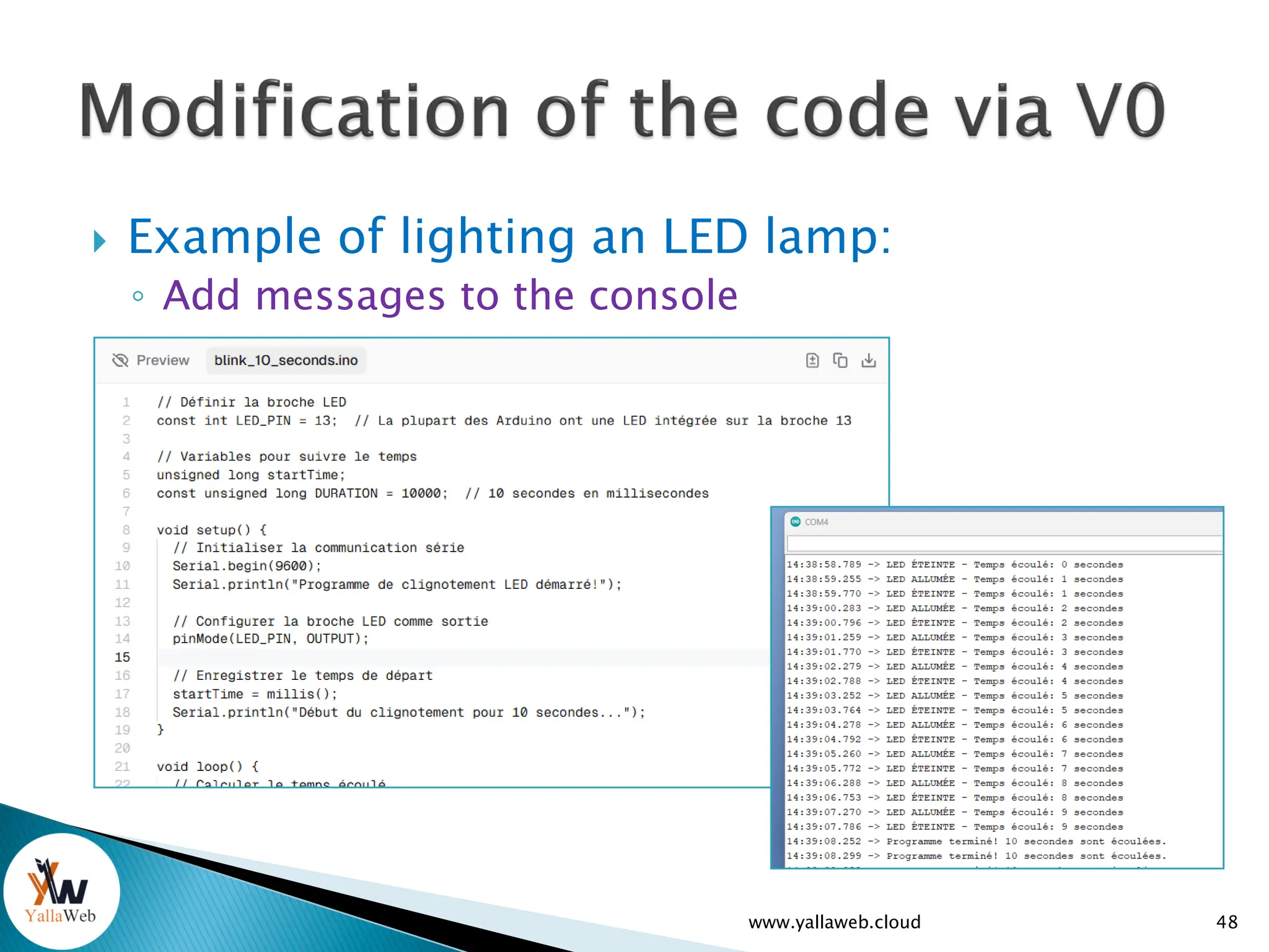  Example of lighting an LED lamp:
◦ Add messages to the console
48
www.yallaweb.cloud
 