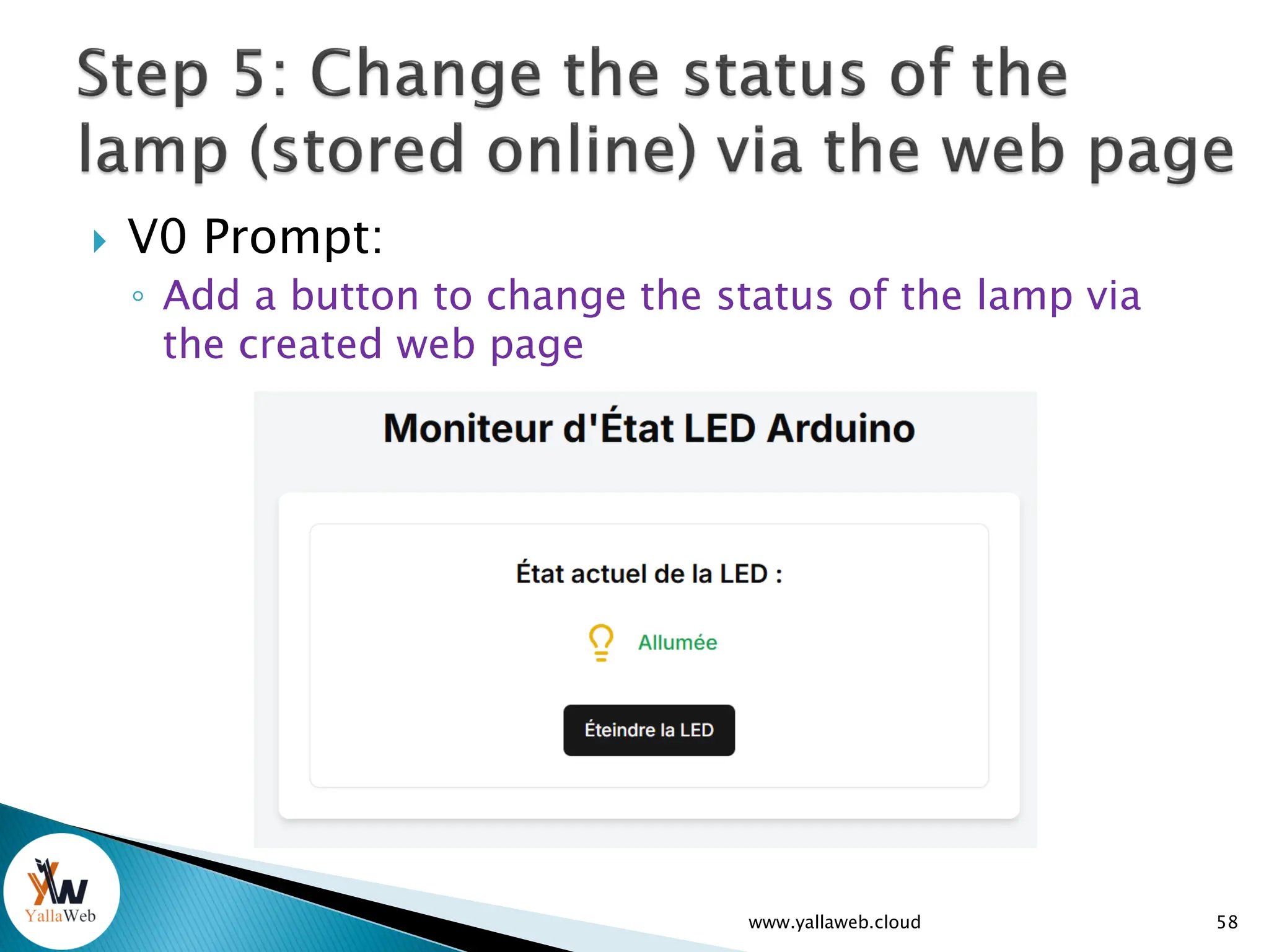  V0 Prompt:
◦ Add a button to change the status of the lamp via
the created web page
www.yallaweb.cloud 58
 