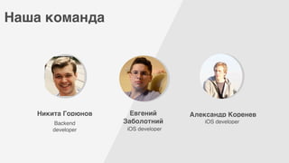 Наша команда
Евгений
Заболотний
iOS developer
Никита Горюнов
Backend
developer
Александр Коренев
iOS developer
 