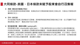 ❖ 美國《德拉瓦州普通公司法》
並未明定股東具有股東會召集權，股東能否自行召集股東會及股東之持股比例，均委由公司章程或附
屬章程訂定之。
❖ 日本《会社法》
亦未直接賦予股東之股東會自行召集權，股東僅得透過股東會召集請求權之行使，在公司董事不為召
集股東會之情況下，聲請法院許可自行召集。
❖ 對抗敵意併購：毒藥丸策略（poison pill）
即股東權利計畫（shareholder rights plan），乃是企業用來對抗尚未出現或已出現的惡意購併者，
所採取的防衛措施，使收購者失去興趣或提高收購難度。若敵意收購者執意發動收購，將自食惡果。
美國實務上常見的毒藥丸策略通常以董事會決議賦予股東有條件的新股認購權，於公司發生一定狀況
時，如第三人取得公司一定比率之股份時，公司便可對併購者以外之第三人發行新股。此時會造成敵
意購併方的持股比例遭到稀釋，增加購併之難度。
大同條款-美國、日本條款未賦予股東會自行召集權
資料來源：經濟日報、stockfeel 24
 