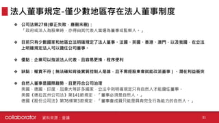 ❖ 公司法第27條(修正失敗，應刪未刪)：
「政府或法人為股東時，亦得由其代表人當選為董事或監察人。」
❖ 目前只有少數國家和地區立法明確規定了法人董事。法國、英國、香港、澳門，以及我國，在立法
上明確規定法人可以擔任公司董事。
❖ 優點：企業可以指派法人代表，且容易更換，程序便利
❖ 缺點：權責不符（無法確知背後實質控制人是誰，且不需經股東會就能改派董事）、潛在利益衝突
❖ 自然人董事是國際趨勢，且更符合公司治理
美國、德國、印度、加拿大等許多國家，立法中則明確規定只有自然人才能擔任董事。
美國《德拉瓦州公司法》第141節規定，「董事必須是自然人。」
德國《股份公司法》第76條第3款規定，「董事會成員只能是具有完全行為能力的自然人。」
法人董事規定-僅少數地區存在法人董事制度
31資料來源：壹讀
 