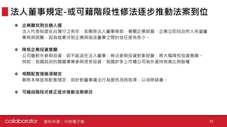 ❖ 企業難找到合適人選
法人代表制度在台灣行之有年，若刪除法人董事條款，事關企業經營，企業立即找自然人來當董
事有其困難，因為這牽涉到企業與指派董事之間的信任度有多少。
❖ 降低企業投資意願
公司雖對外參與投資，卻不能派任法人董事，無法參與投資對象經營，將大幅降低投資意願。
例如：我國政府的國營事業參與很多投資、我國許多上市櫃公司為外資持有高比例股權
❖ 相關配套措施須擬定
刪除本條宜有配套規定，如針對董事違法行為提供及時救濟，以消除疑慮。
❖ 可藉由階段式修正逐步推動法案修改
法人董事規定-或可藉階段性修法逐步推動法案到位
資料來源：中時電子報 32
 