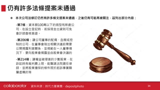 ❖ 本次公司法修訂仍然有許多條文提案未通過，之後仍有可能再被關注，茲列出部分內容：
仍有許多法條提案未通過
資料來源：時代力量黨團、depositphoto 34
-第7條：資本額100萬以下的微型和新創公
司，在設立登記時，若採現金出資則可免
會計師查核簽證。
-第206條：讓公司董事的配偶、血親或控
制的公司，在董事會做出相關決議前需要
公開揭露利害關係，並規範在一人董事情
況下，要向股東會揭露並由股東會決議的
-第214條：讓權益被侵害的少數股東，在
訴訟時有裁判費上限、能聲請法院選任律
師、並將股東擔保的條件限於起訴事實顯
屬虛構的等
 