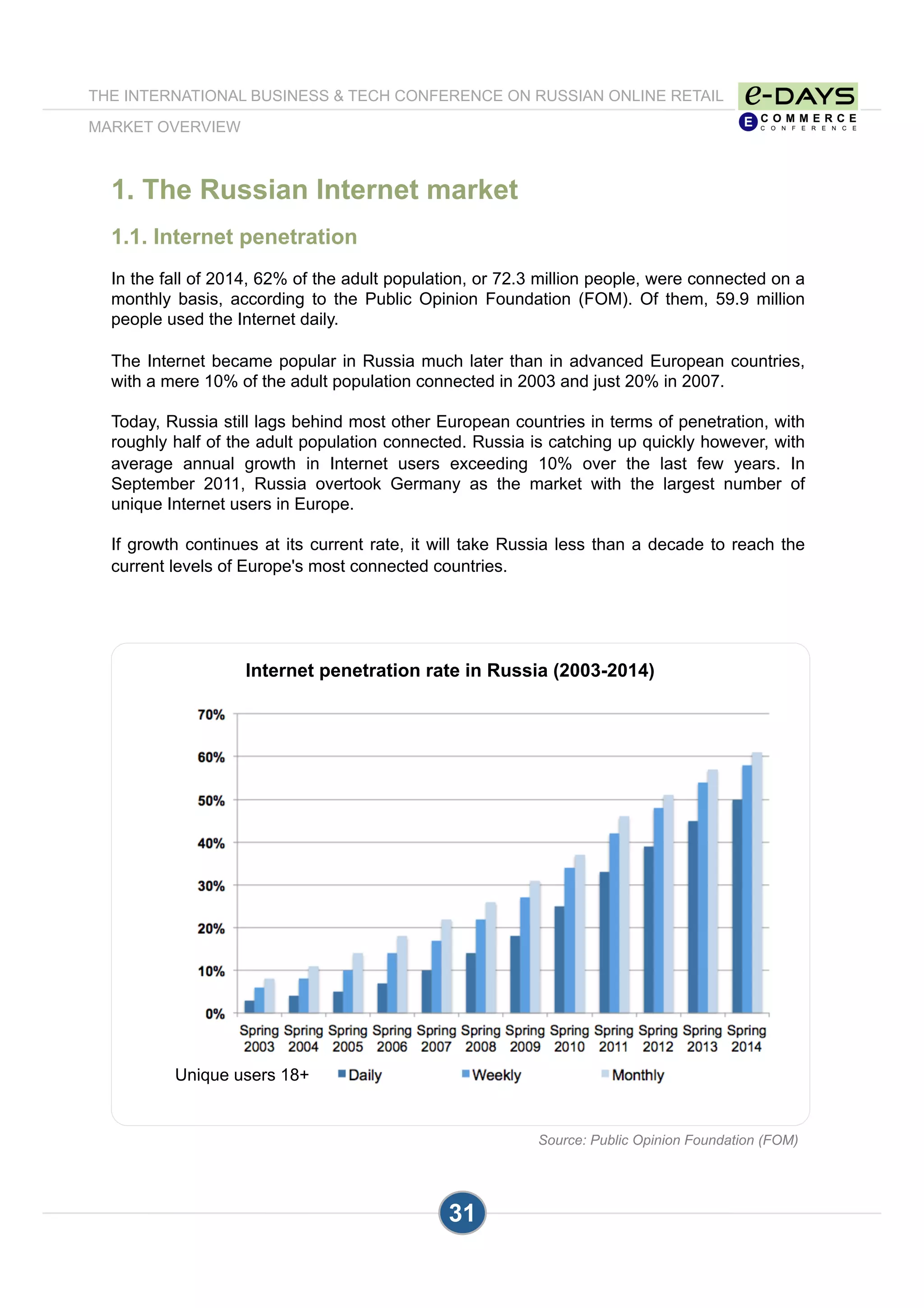 31
1. The Russian Internet market
1.1. Internet penetration
In the fall of 2014, 62% of the adult population, or 72.3 million people, were connected on a
monthly basis, according to the Public Opinion Foundation (FOM). Of them, 59.9 million
people used the Internet daily.
The Internet became popular in Russia much later than in advanced European countries,
with a mere 10% of the adult population connected in 2003 and just 20% in 2007.
Today, Russia still lags behind most other European countries in terms of penetration, with
roughly half of the adult population connected. Russia is catching up quickly however, with
average annual growth in Internet users exceeding 10% over the last few years. In
September 2011, Russia overtook Germany as the market with the largest number of
unique Internet users in Europe.
If growth continues at its current rate, it will take Russia less than a decade to reach the
current levels of Europe's most connected countries.
Source: Public Opinion Foundation (FOM)
Internet penetration rate in Russia (2003-2014)
Unique users 18+
THE INTERNATIONAL BUSINESS & TECH CONFERENCE ON RUSSIAN ONLINE RETAIL
MARKET OVERVIEW
 