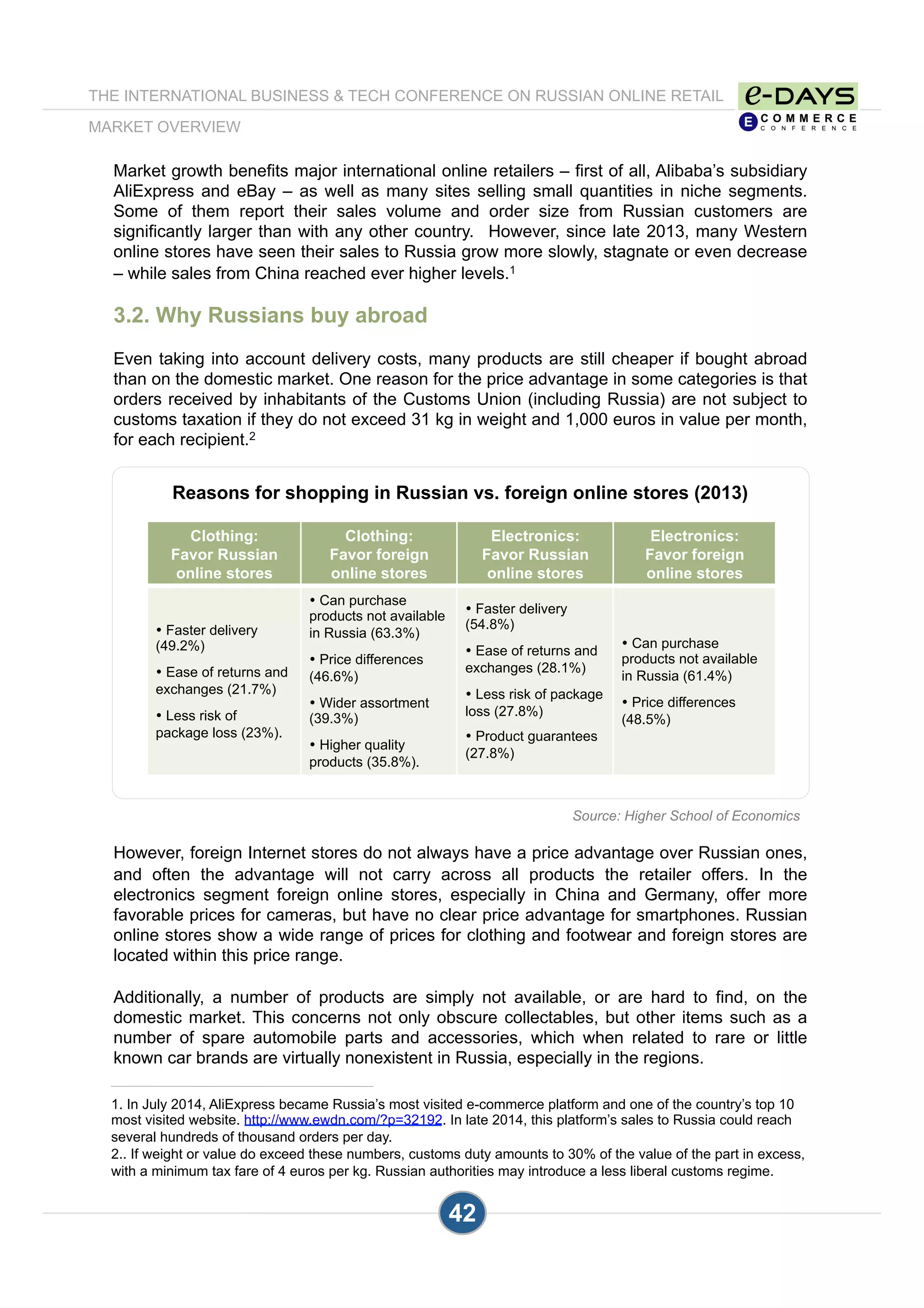Market growth benefits major international online retailers – first of all, Alibaba’s subsidiary
AliExpress and eBay – as well as many sites selling small quantities in niche segments.
Some of them report their sales volume and order size from Russian customers are
significantly larger than with any other country. However, since late 2013, many Western
online stores have seen their sales to Russia grow more slowly, stagnate or even decrease
– while sales from China reached ever higher levels.1
3.2. Why Russians buy abroad
Even taking into account delivery costs, many products are still cheaper if bought abroad
than on the domestic market. One reason for the price advantage in some categories is that
orders received by inhabitants of the Customs Union (including Russia) are not subject to
customs taxation if they do not exceed 31 kg in weight and 1,000 euros in value per month,
for each recipient.2
However, foreign Internet stores do not always have a price advantage over Russian ones,
and often the advantage will not carry across all products the retailer offers. In the
electronics segment foreign online stores, especially in China and Germany, offer more
favorable prices for cameras, but have no clear price advantage for smartphones. Russian
online stores show a wide range of prices for clothing and footwear and foreign stores are
located within this price range.
Additionally, a number of products are simply not available, or are hard to find, on the
domestic market. This concerns not only obscure collectables, but other items such as a
number of spare automobile parts and accessories, which when related to rare or little
known car brands are virtually nonexistent in Russia, especially in the regions.
1. In July 2014, AliExpress became Russia’s most visited e-commerce platform and one of the country’s top 10
most visited website. http://www.ewdn.com/?p=32192. In late 2014, this platform’s sales to Russia could reach
several hundreds of thousand orders per day.
2.. If weight or value do exceed these numbers, customs duty amounts to 30% of the value of the part in excess,
with a minimum tax fare of 4 euros per kg. Russian authorities may introduce a less liberal customs regime.
Reasons for shopping in Russian vs. foreign online stores (2013)
Clothing:
Favor Russian
online stores
Clothing:
Favor foreign
online stores
Electronics:
Favor Russian
online stores
Electronics:
Favor foreign
online stores
• Faster delivery
(49.2%)
• Ease of returns and
exchanges (21.7%)
• Less risk of
package loss (23%).
• Can purchase
products not available
in Russia (63.3%)
• Price differences
(46.6%)
• Wider assortment
(39.3%)
• Higher quality
products (35.8%).
• Faster delivery
(54.8%)
• Ease of returns and
exchanges (28.1%)
• Less risk of package
loss (27.8%)
• Product guarantees
(27.8%)
• Can purchase
products not available
in Russia (61.4%)
• Price differences
(48.5%)
Source: Higher School of Economics
THE INTERNATIONAL BUSINESS & TECH CONFERENCE ON RUSSIAN ONLINE RETAIL
MARKET OVERVIEW
42
 
